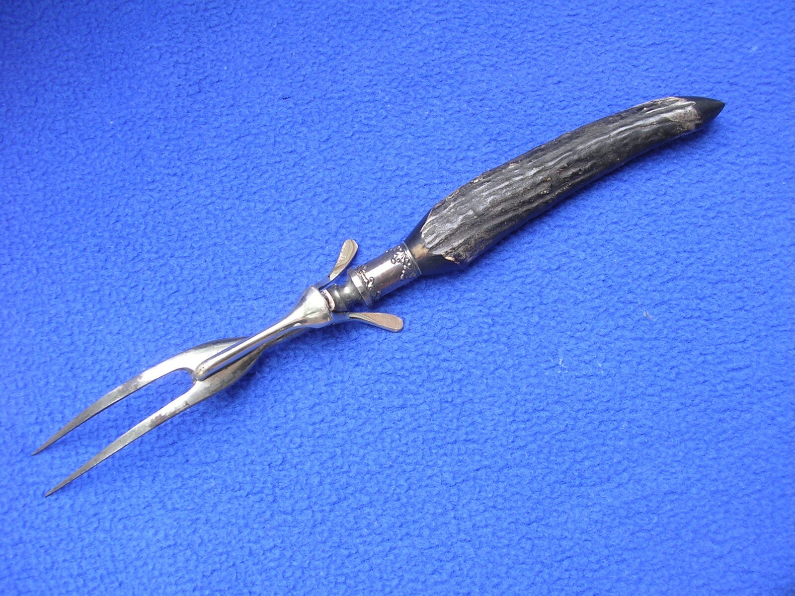 Large Vintage Deer Antler Handle Meat Carving Fork with Spring Loaded