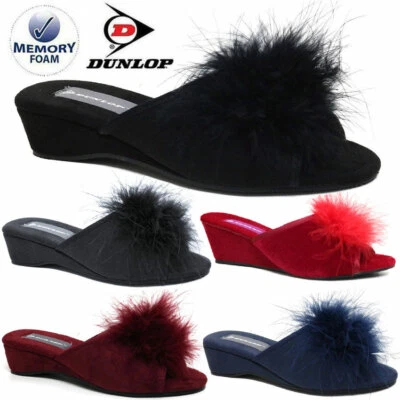 Women Ladies Dunlop Slippers Faux Suede Wedge Pom Pom Fur Wedge Peep Toe Shoes