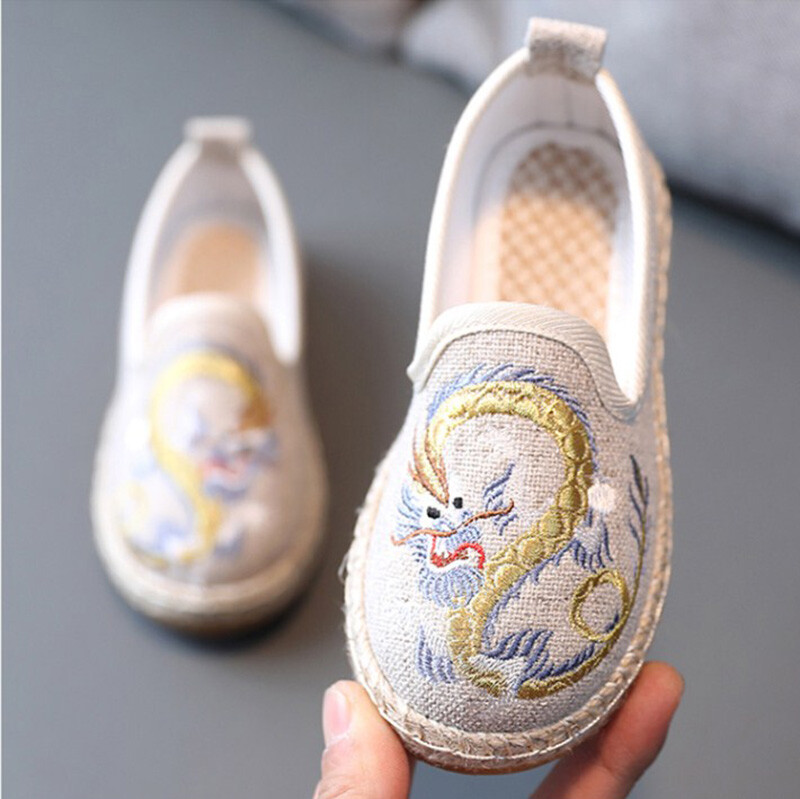 Unisex Kid Cloth Shoes Embroidery Dragon Footwear Slip on Round