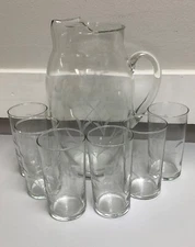 Vintage Etched Glass Pitcher & 6 Tumblers; 7 Piece Set