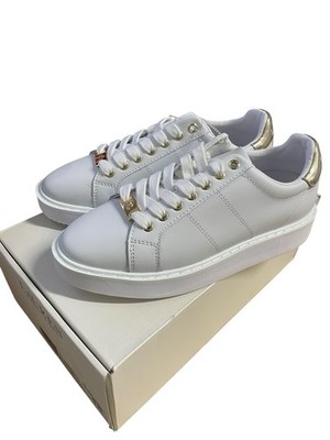 New In Box Lauren Ralph Lauren Angeline White/Gold Leather Sneaker Women's US 6B