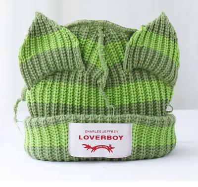GREEN Loverboy Cat Ears Hat Winter Hat Knit Hat Funky Punk Streetwear Beanie