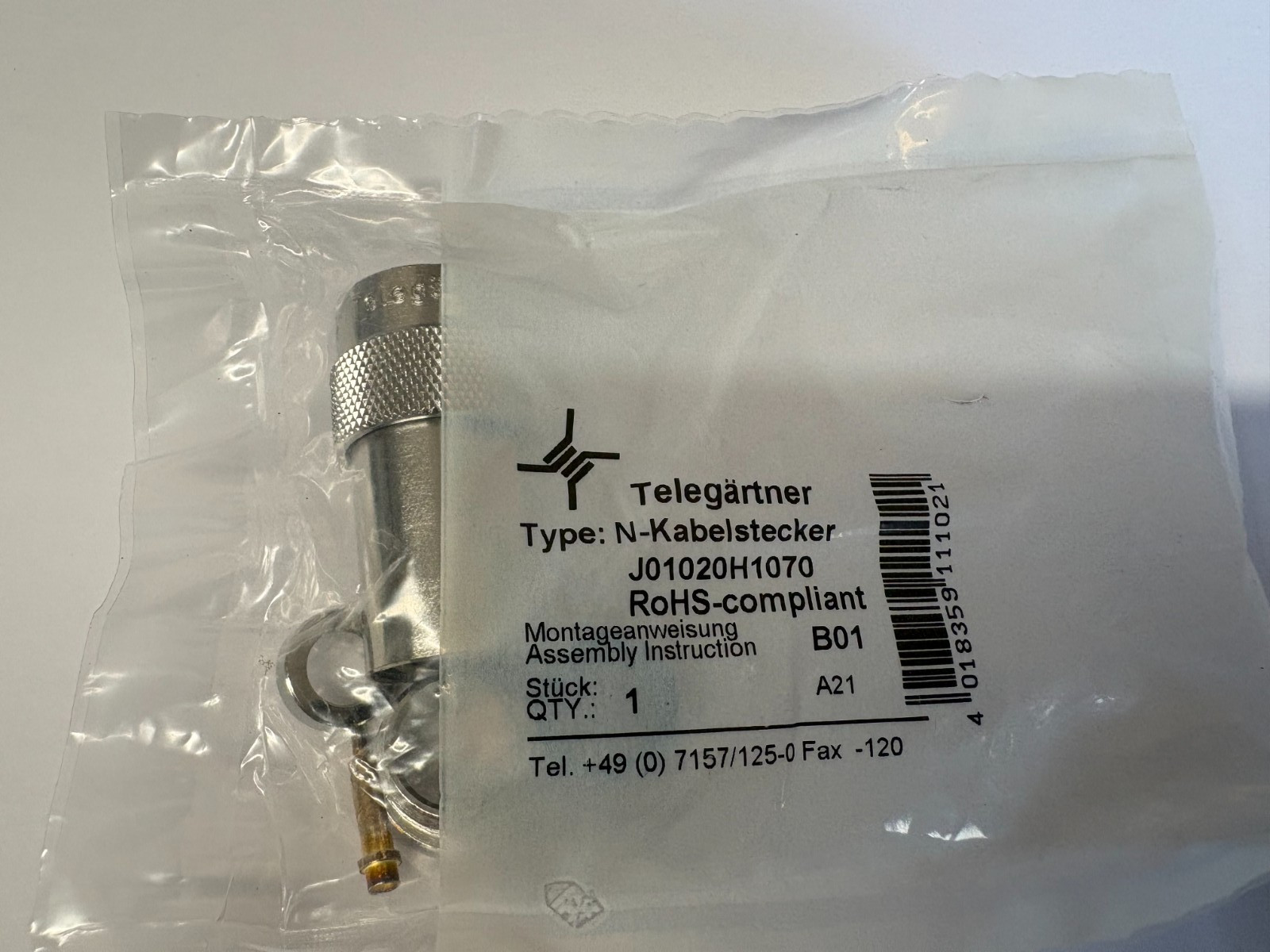 Telegartner N Series Male N Connector, 50 Ω, Straight Body Solder