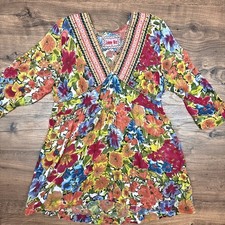 Johnny Was L Floral Print Embroidered V Neck Tunic Bohemian Cottagecore Flowy