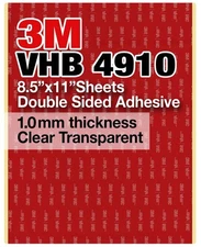 3M VHB 4910 8.5"x11" Double Sided Adhesive 1.0mm thickness Clear, 2 sheets pack