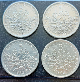 Lot de 4 pièces de 5 francs argent semeuse 1961 1962 1963 1964