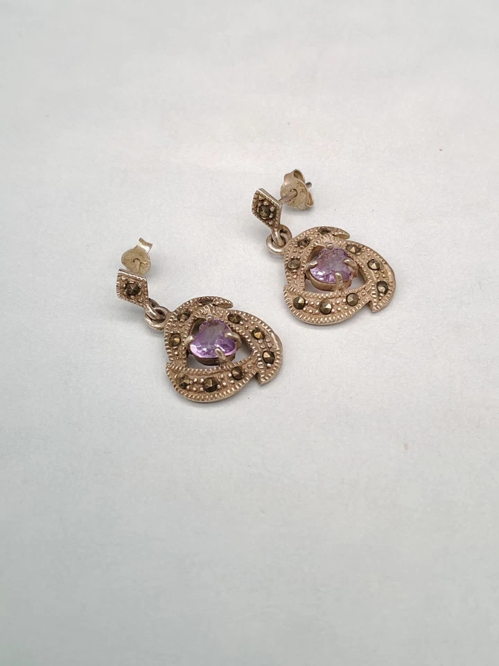 Orecchini donna vintage argento 925 ametista marcasite pendenti - Immagine 3 di 4