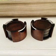 Lot Of 2 Sets Wooden Rounds Coasters W/ Holders Mancave Office Library 12ps Dark
