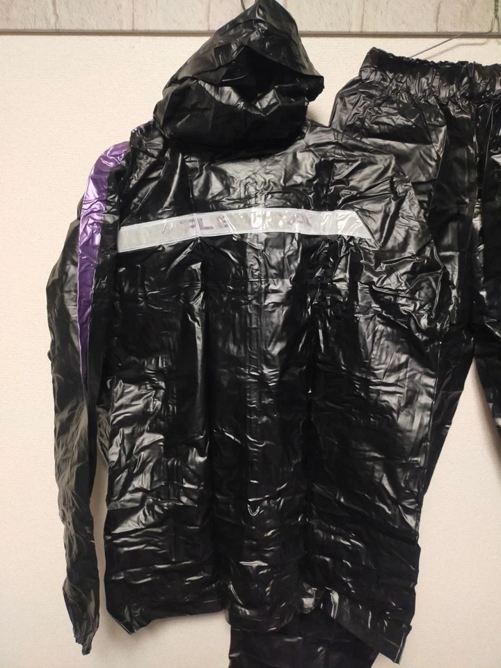 Black with purple stripe jacket and black pants PVC rainsuits hooded rainwear - Image 3 of 4
