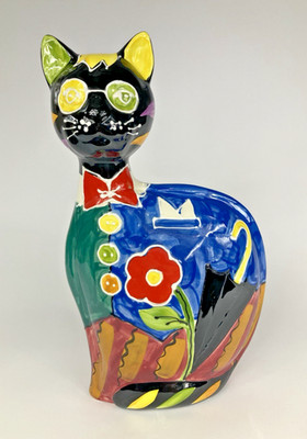 Turov Art Ceramics Large Decorative Floral Painted Cat Sculpture 13'' Signed 1998