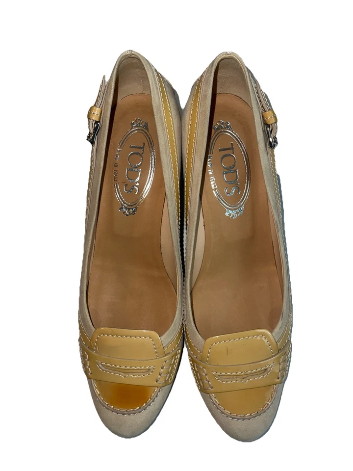 Tod's Crema Beige Cuero Tostado Zapatos Tacones Gatito Amarillo Zapato talla 37.5/7.5 Foto 2 de 4