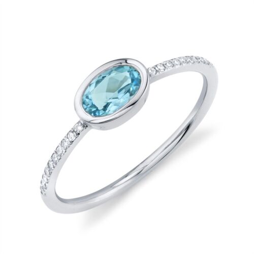 14k Oro Blanco Diamante Azul Topacio Ovalado Anillo Bisel Cóctel Natural 0.59 - Imagen 1 de 2