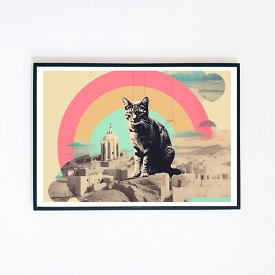 Cat Abstract Graphic Retro Collage Illustration 7x5 Home Decor Wall Art Print