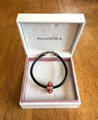 PANDORA BLACK LEATHER ORANGE BLOSSOMS CHARM BRACELET 590707-S1