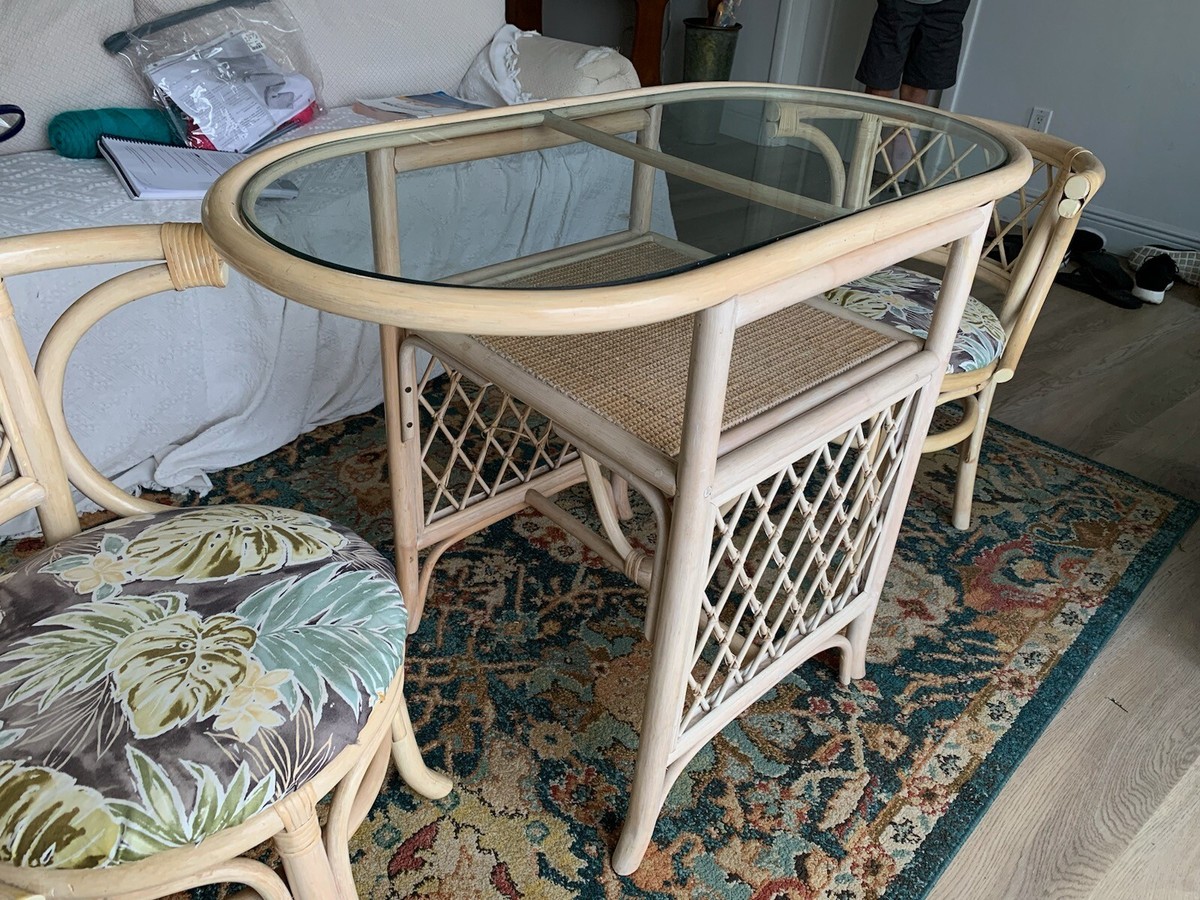 Bamboo Rattan Dinette Set Oval Table Two Chairs Honeymoon Set Curved Back  Chair