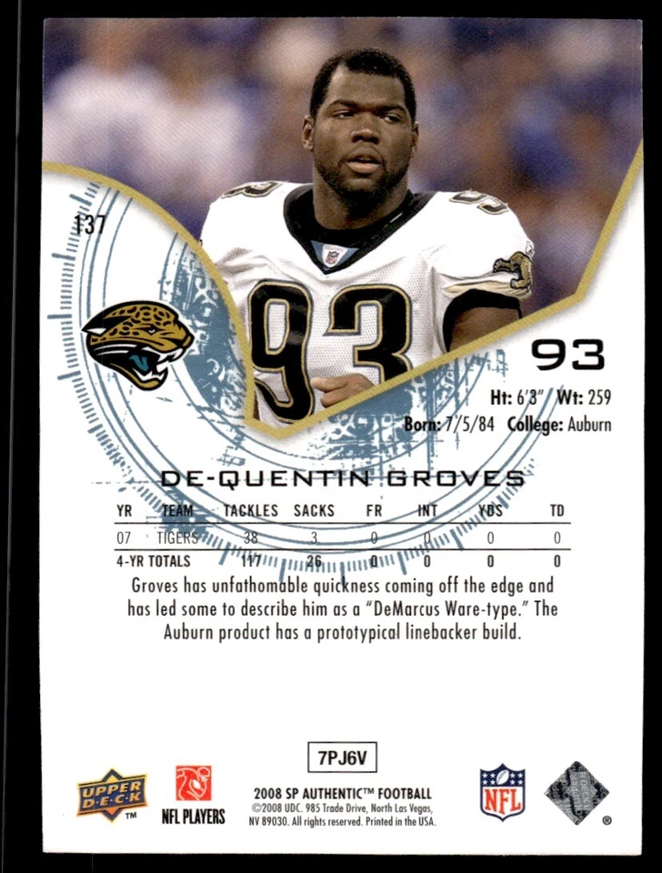 2008 SP Authentic Quentin Groves Rookie 1219/1399 Jacksonville Jaguars #137 R13 - Image 2 of 2