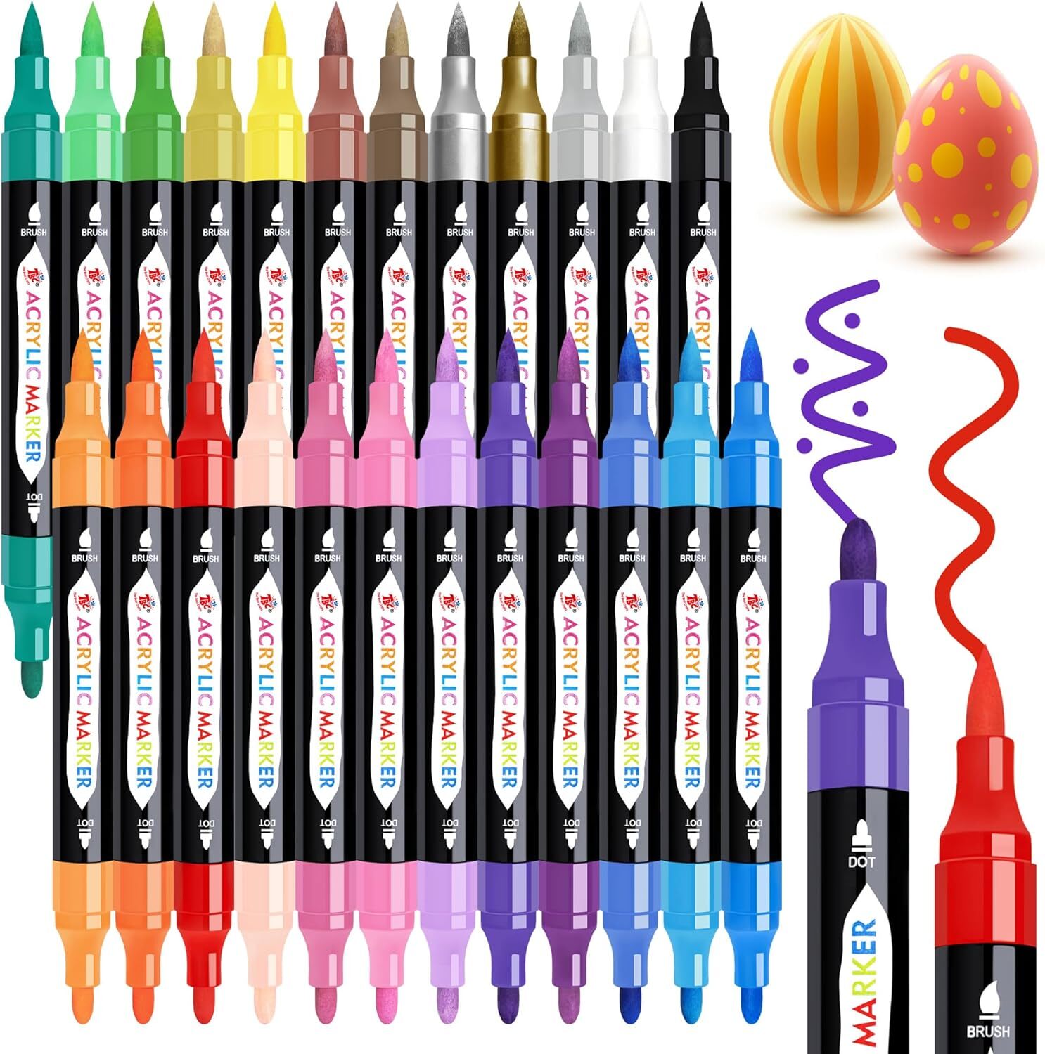 24 Colors Dual Tip Acrylic Paint Markers,Waterproof, Non-Toxic, odorless, Suitab