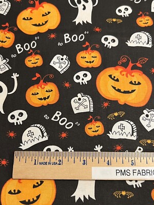 Halloween BOO Skulls Smiling Pumpkin MDG 100% light weight fabric by the yard BL