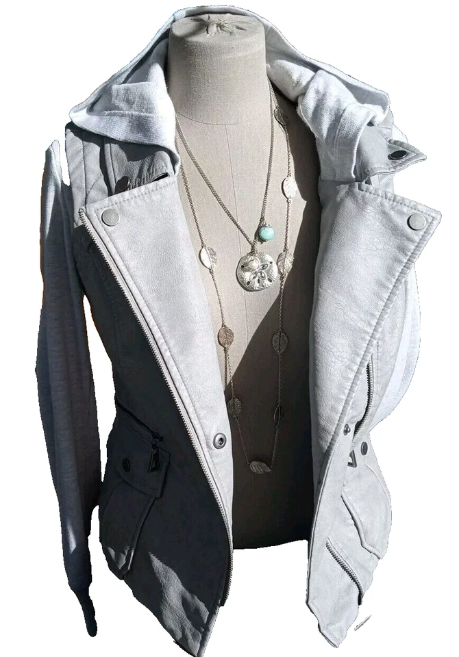 Light Gray Eco Leather Jacket ~Cotton Sleeved+Hood Streetwear By Blanc Noir Sz S - Image 2 of 4