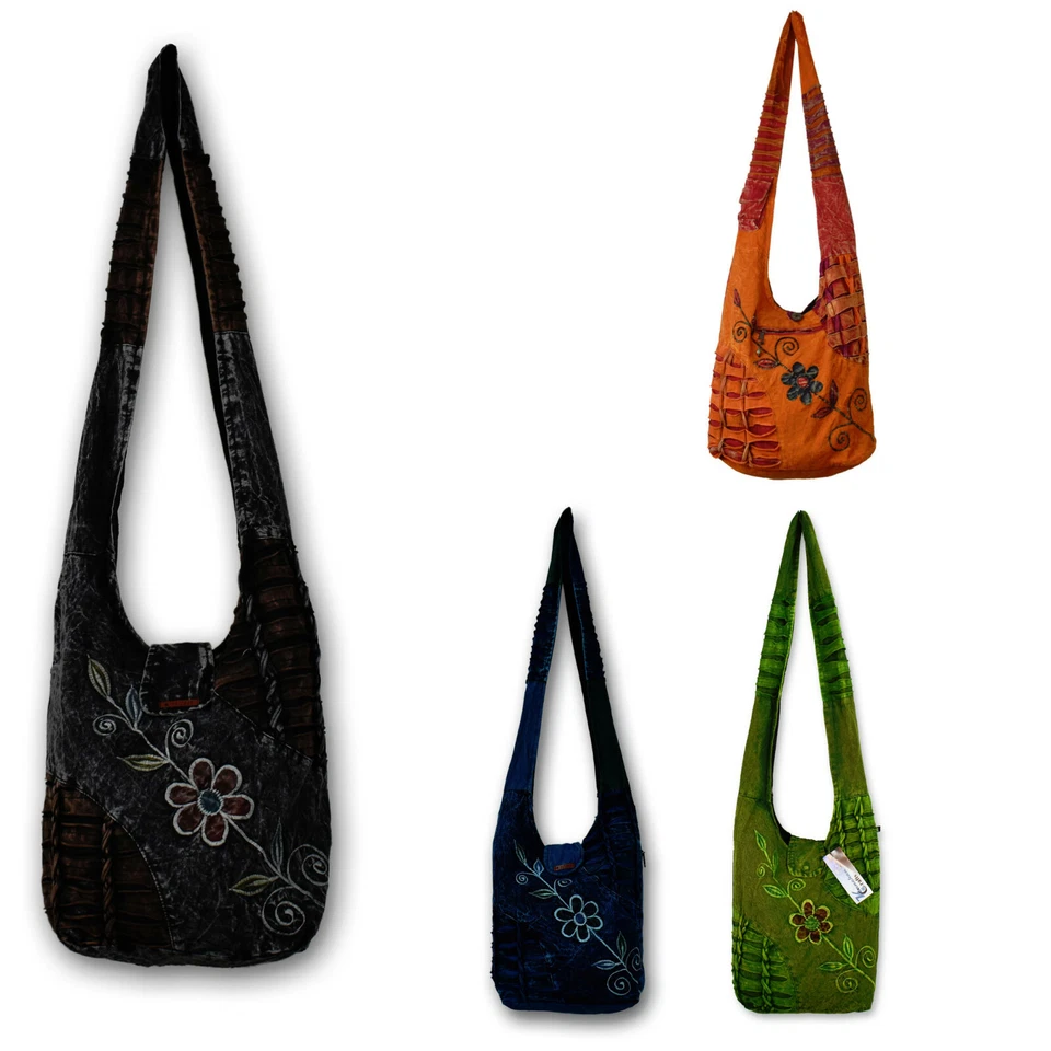 Nepal Tasche Umhängetasche Schultertasche Boho Ethno Hippie Goa - Quer Blume - Bild 3 von 3