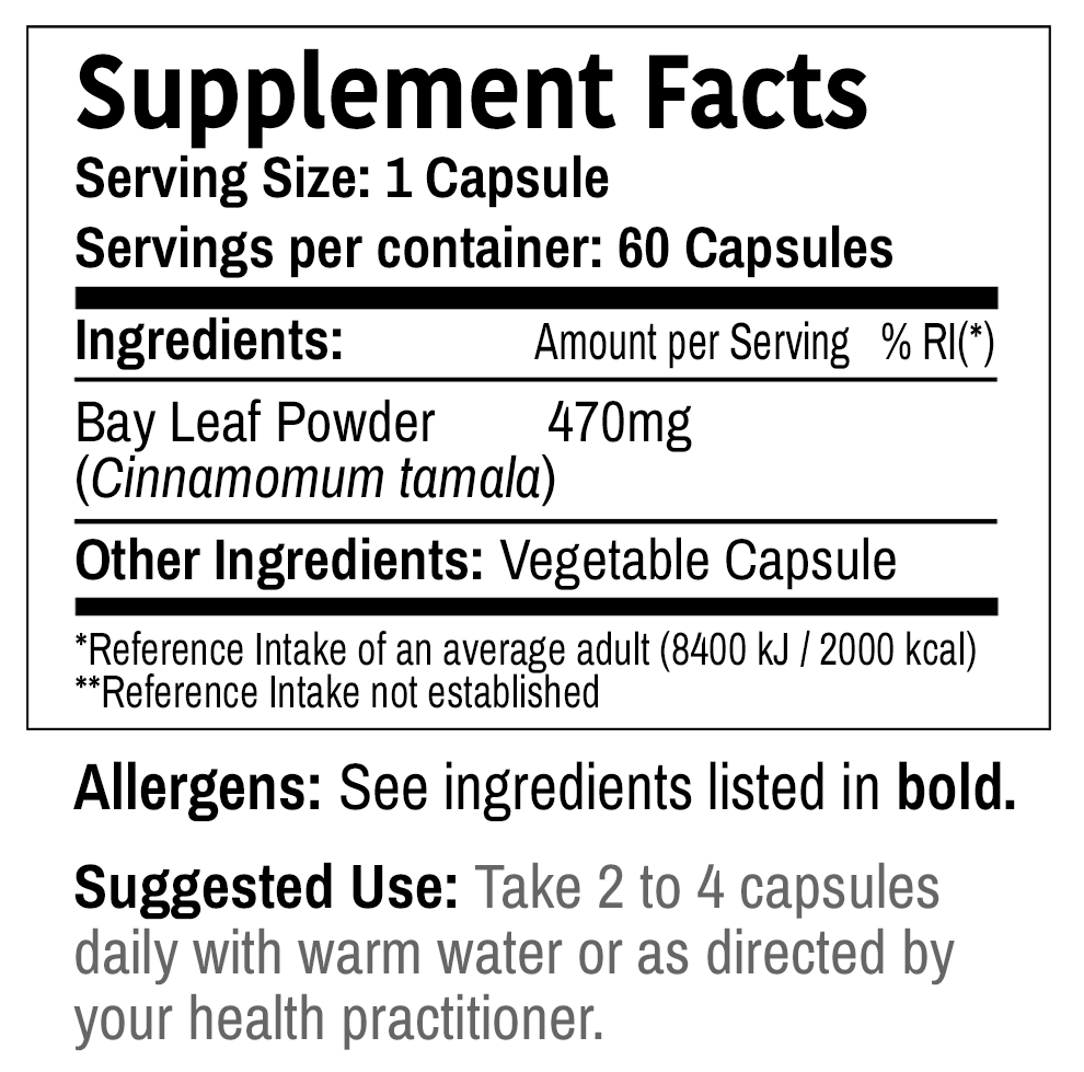 DR WAKDE'S Bay Leaf Capsules (Cinnamomum tamala) 60 Veg Caps