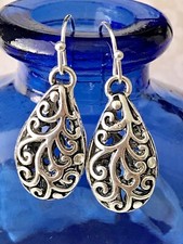 Beautiful Etched Silver Tear Drop Dangle Earrings.