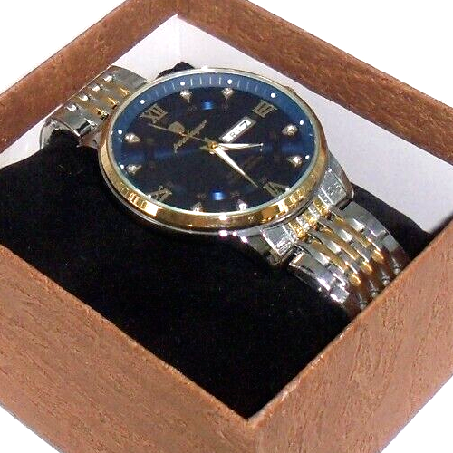 POEDAGAR Men's Quartz Watch Day Date Two-Tone Blue Dial/Crystal Markers, New! - Picture 11 of 15