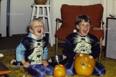 TWO BOYS WEARING THE BAT HALLOWEEN COSTUMES, BATMAN RIP OFF 1975 PHOTO SLIDE