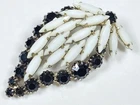 Vintage Silver Tone Leaf Pin Brooch White Milk Glass Black Stones