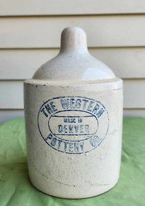 Stoneware 1/2 Gal. Poultry Feeder with Blue Flecks.  Western Pottery of Denver.