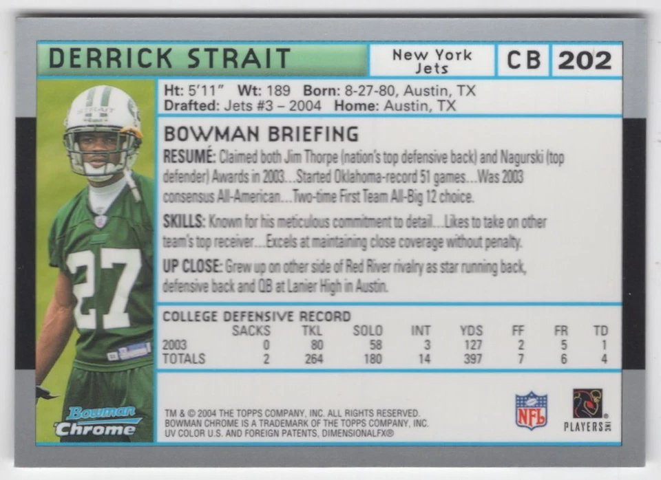 2004 BOWMAN CHROME ROOKIE Derrick Strait Rookie New York Jets #202 - Image 2 of 2