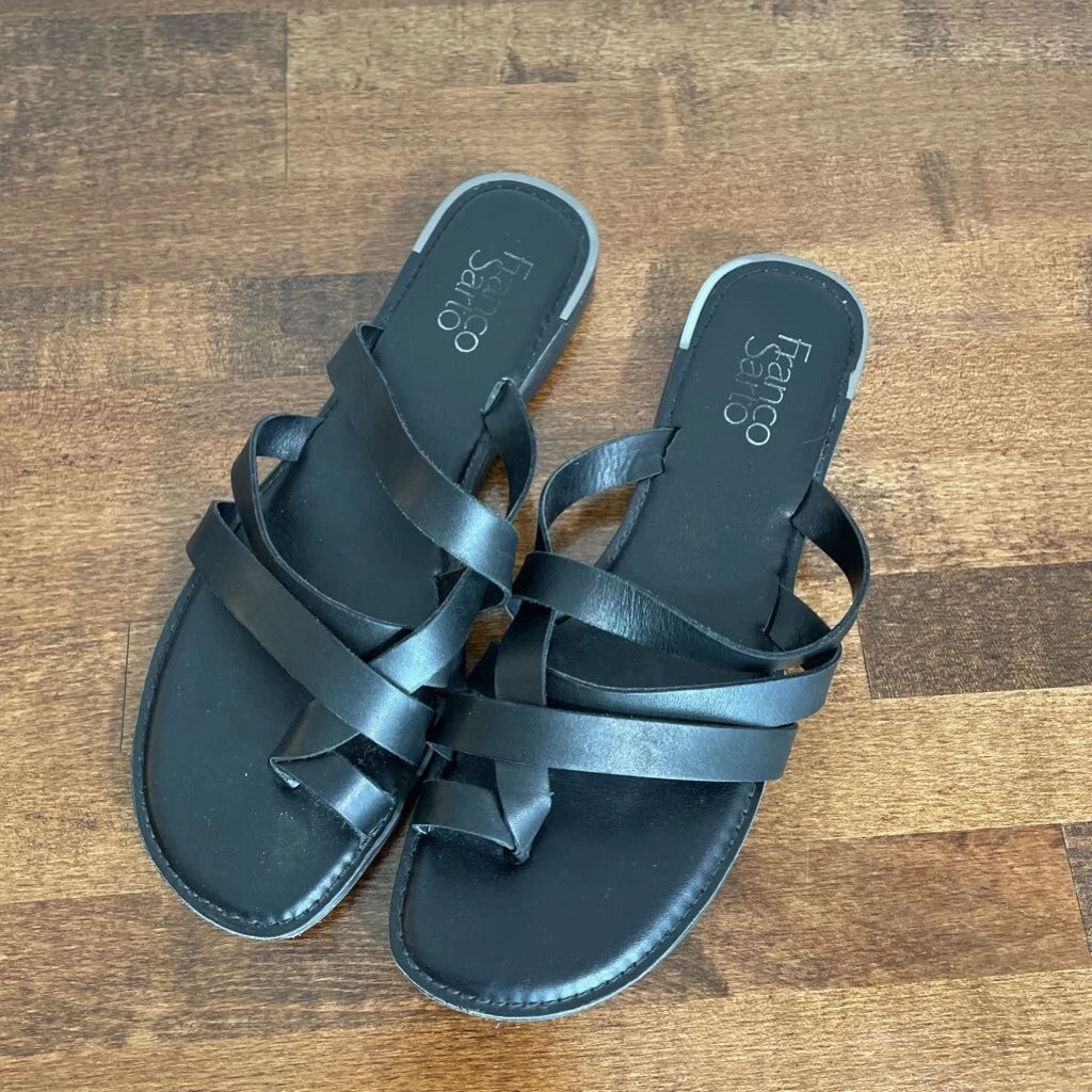 Franco Sarto Womens Goddess Slides Sandals Black Toe Ring Low Heel