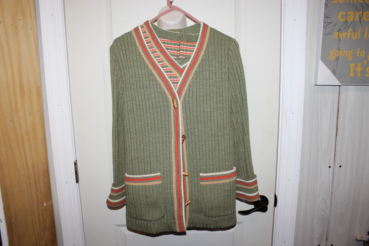 1940s 1950s Butte Knit 3pc Set Green Orange Sweater Suit Set Vest