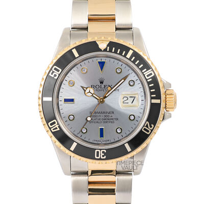 ROLEX MENS SUBMARINER 16613 DATE 18K GOLD & SS 40MM-GRAY SAPPHIRE & DIAMOND DIAL