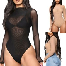 Women's See-through Sheer Mesh Thong Bodysuit Ladies High Cut Leotard Underwear