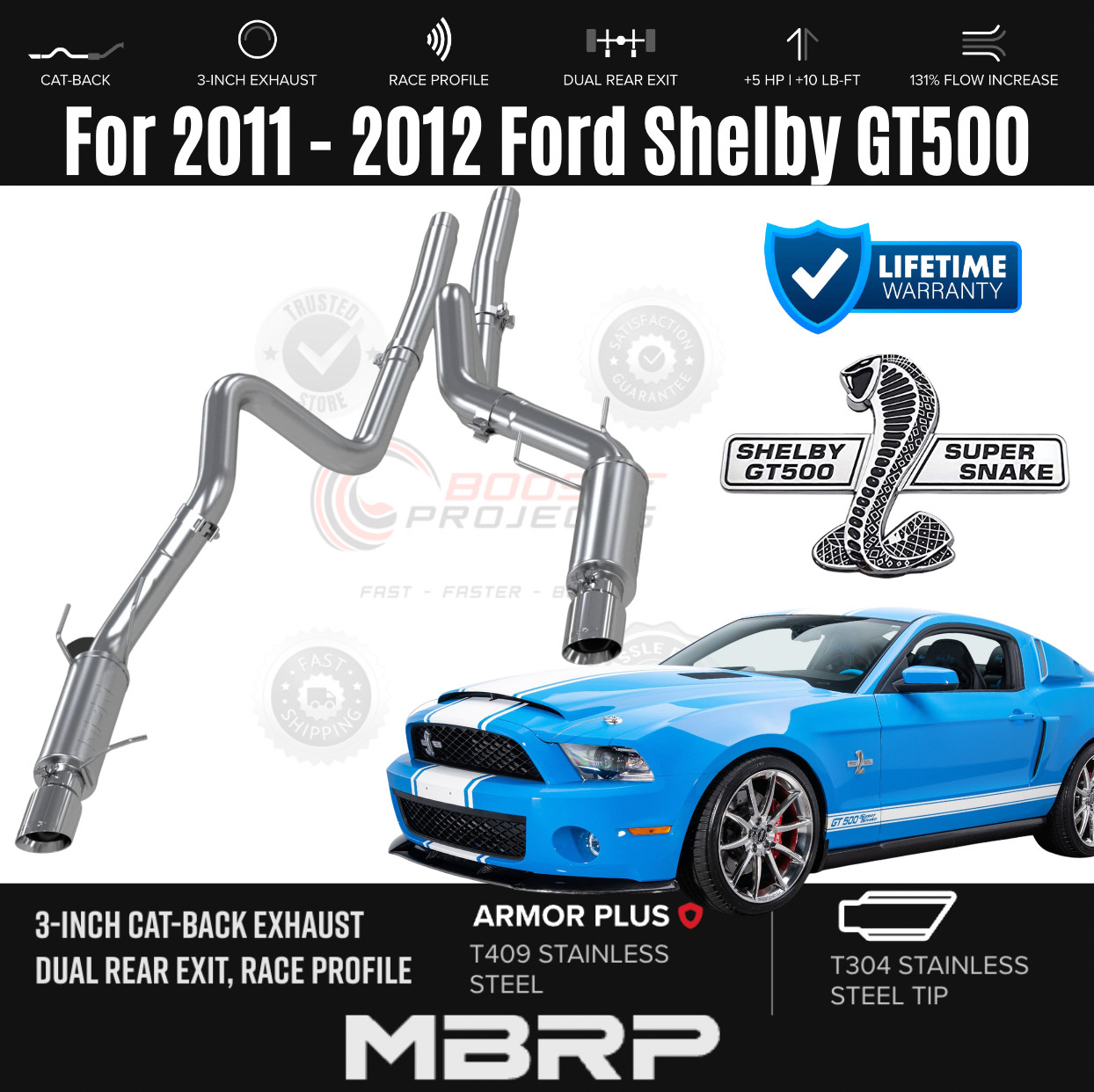 MBRP 3'' Cat-Back Dual Exit SS Exhaust w/ SS Tip For 2011-2012 Ford Shelby GT500