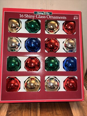 Vtg Holiday Time 16 Shiny Glass Red Green Blue Silver Gold Ornaments Rauch USA