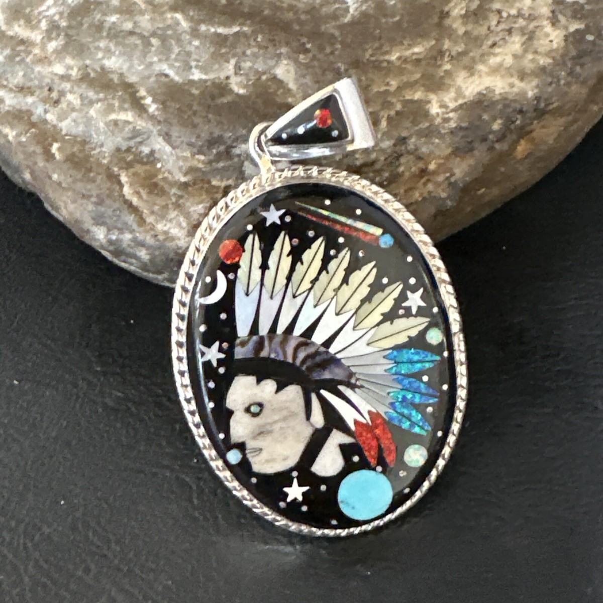 アクセサリー indian jewelry navajo pendant Turquoise Navajo Sterling Silver IndianHead MultiColor Inlay Pin
