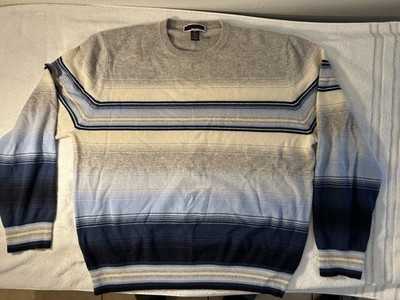 MK Michael Kors Men 100% Cashmere Sweater XL Cool Grey Blue Striped Pattern