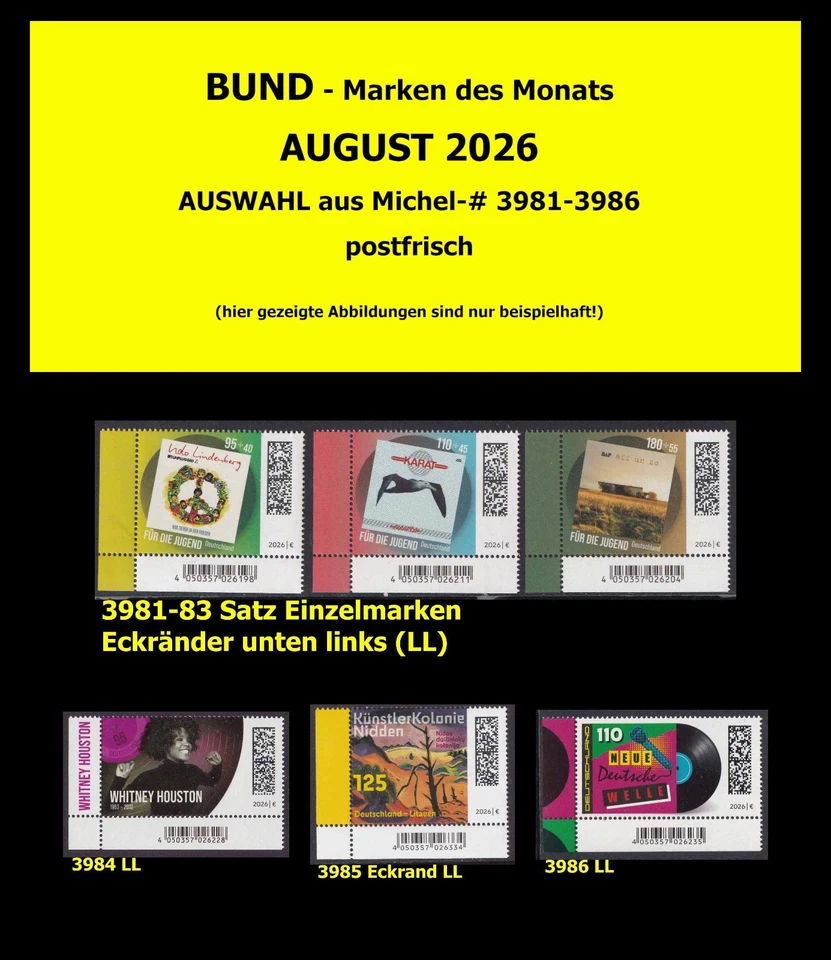 (26/08) BUND AUGUST 2026 Mi-# 3981-83, 3984, 3985, 3986 postfrisch (Auswahl) - Bild 1 von 1