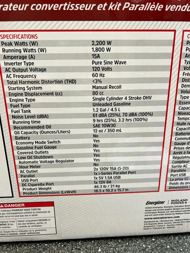 全新 Energizer 变频发电机 2200 瓦 eZV2200i — 第 2/3 张图片