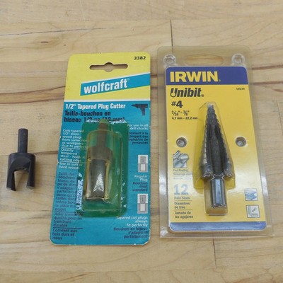 3 Tool Irwin Unibit #4 3/16'' - 7/8'' Wolfcraft & Stanley 1/2'' Tapered Plug Cutter