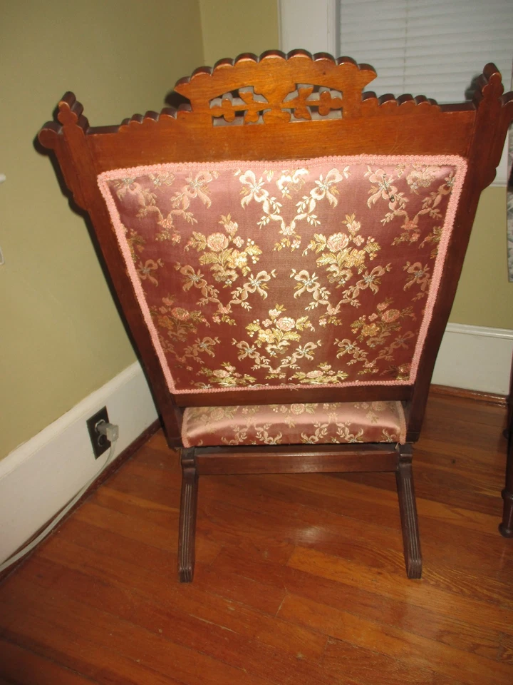 Antique Eastlake Ornate Victorian Walnut Platform Rocker Pink Fabric w/ Flowers - Image 3 of 4