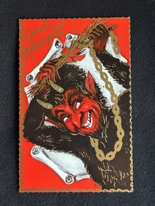Gruss Vom Greetings from Krampus - Austrian Postcard Vintage Devil Folklore Gold