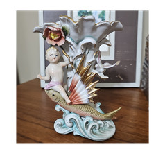 Hand Painted Ceramic Cherub Angel Figurine Flower Pattern Glossy Multicolor