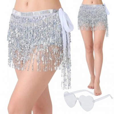 Damen Pailletten Rock Glitzer Minirock Kurz Bodycon Party Rock mit Hippie Brille