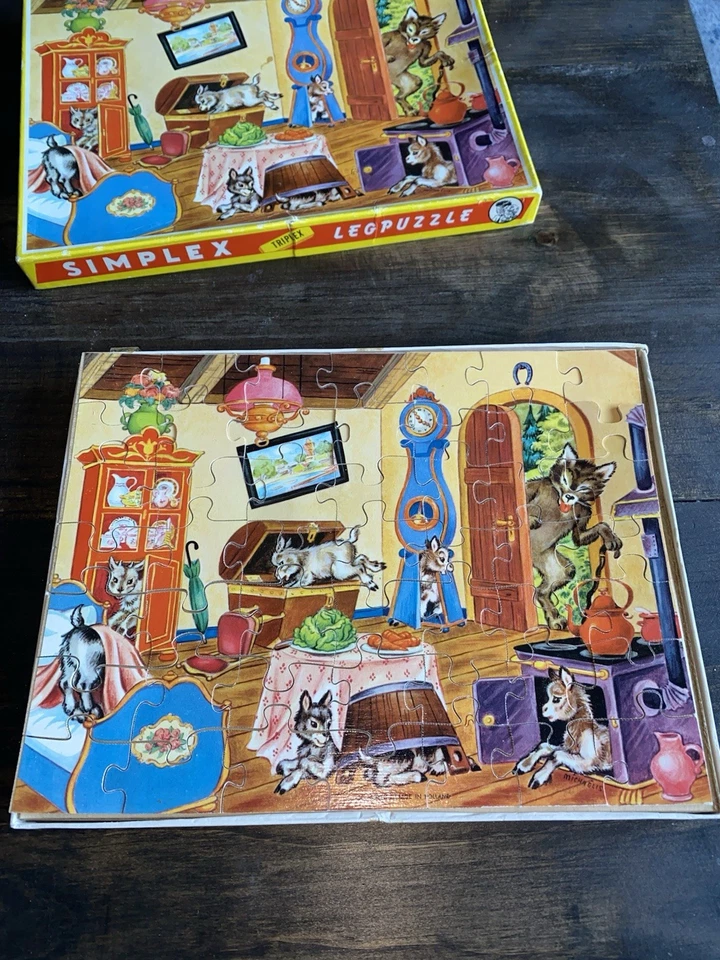 Vintage Simplex Plywood Jigsaw Puzzle Big Bad Wolf 7 Goats - Complete - Image 2 of 4