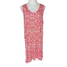 NWT Caribbean Joe Women's XL Hot Coral White Damask Popover Sleeveless Dress