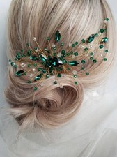 Bridal Wedding Hair Comb Green Rhinestone Crystal Side Flower Headpiece Prom