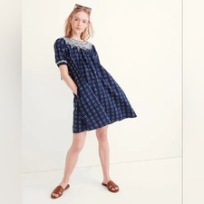 Madewell Embroidered Puff-Sleeve Babydoll Dress in Indigo Plaid Sz S
